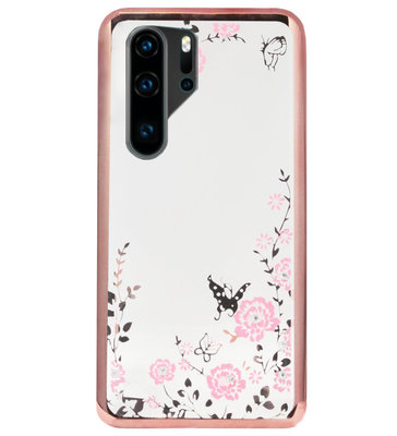 ADEL Siliconen Back Cover Softcase Hoesje voor Huawei P30 Pro - Bling Glimmend Vlinder Bloemen Roze