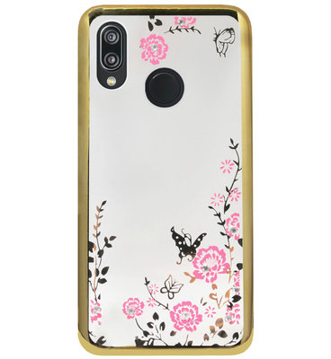 ADEL Siliconen Back Cover Softcase Hoesje voor Huawei P20 Lite (2018) - Bling Glimmend Vlinder Bloemen Goud