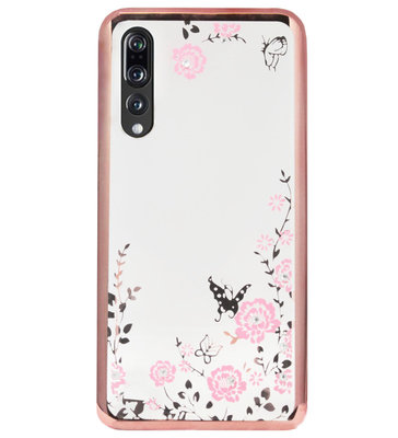 ADEL Siliconen Back Cover Softcase Hoesje voor Huawei P20 Pro - Bling Glimmend Vlinder Bloemen Roze