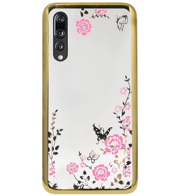 ADEL Siliconen Back Cover Softcase Hoesje voor Huawei P20 Pro - Bling Glimmend Vlinder Bloemen Goud