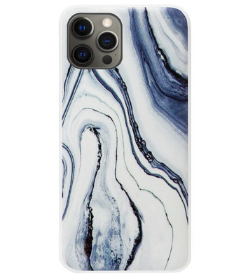 ADEL Siliconen Back Cover Softcase Hoesje voor iPhone 12 Pro Max - Marmer Blauw Wit