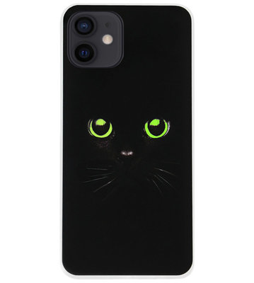 ADEL Siliconen Back Cover Softcase Hoesje voor iPhone 12 Mini - Katten Zwart Groene Ogen