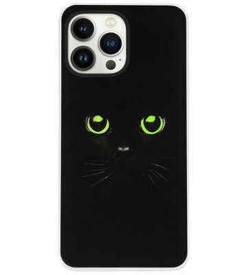 ADEL Siliconen Back Cover Softcase Hoesje voor iPhone 14 Pro Max - Katten Zwart Groene Ogen