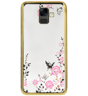 ADEL Siliconen Back Cover Softcase Hoesje voor Samsung Galaxy A6 Plus (2018) - Bling Glimmend Vlinder Bloemen Goud