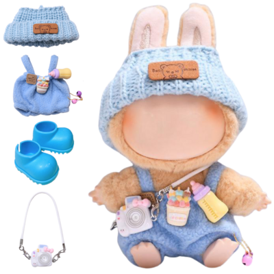 ADEL Kleding Geschikt voor Labubu Pop 17 cm – Inclusief Hoed, Romper, Camera en Schoenen – Schattige Poppenkleertjes – Complete Outfit met Accessoires Blauw