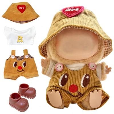 ADEL Kleding Geschikt voor Labubu Pop 17 cm – Inclusief Hoed, Romper, Camera en Schoenen – Schattige Poppenkleertjes – Complete Outfit met Accessoires Geel