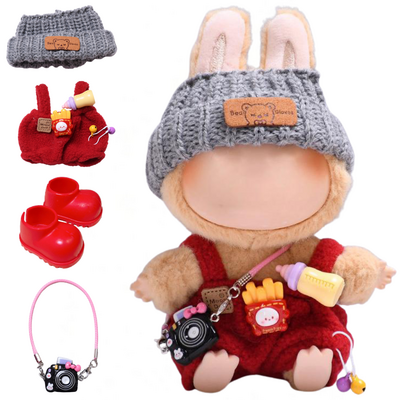ADEL Kleding Geschikt voor Labubu Pop 17 cm – Inclusief Hoed, Romper, Camera en Schoenen – Schattige Poppenkleertjes – Complete Outfit met Accessoires Rood