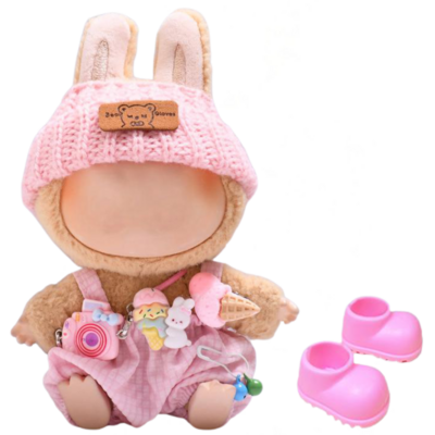 ADEL Kleding Geschikt voor Labubu Pop 17 cm – Inclusief Hoed, Romper, Camera en Schoenen – Schattige Poppenkleertjes – Complete Outfit met Accessoires Roze