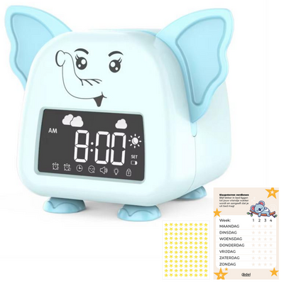ADEL Slaapwekker & Slaaptrainer voor Kinderen – Kinderwekker voor de Slaapkamer – Vrolijke Kinderklok Inclusief Beloningskaart – Lieve Olifant